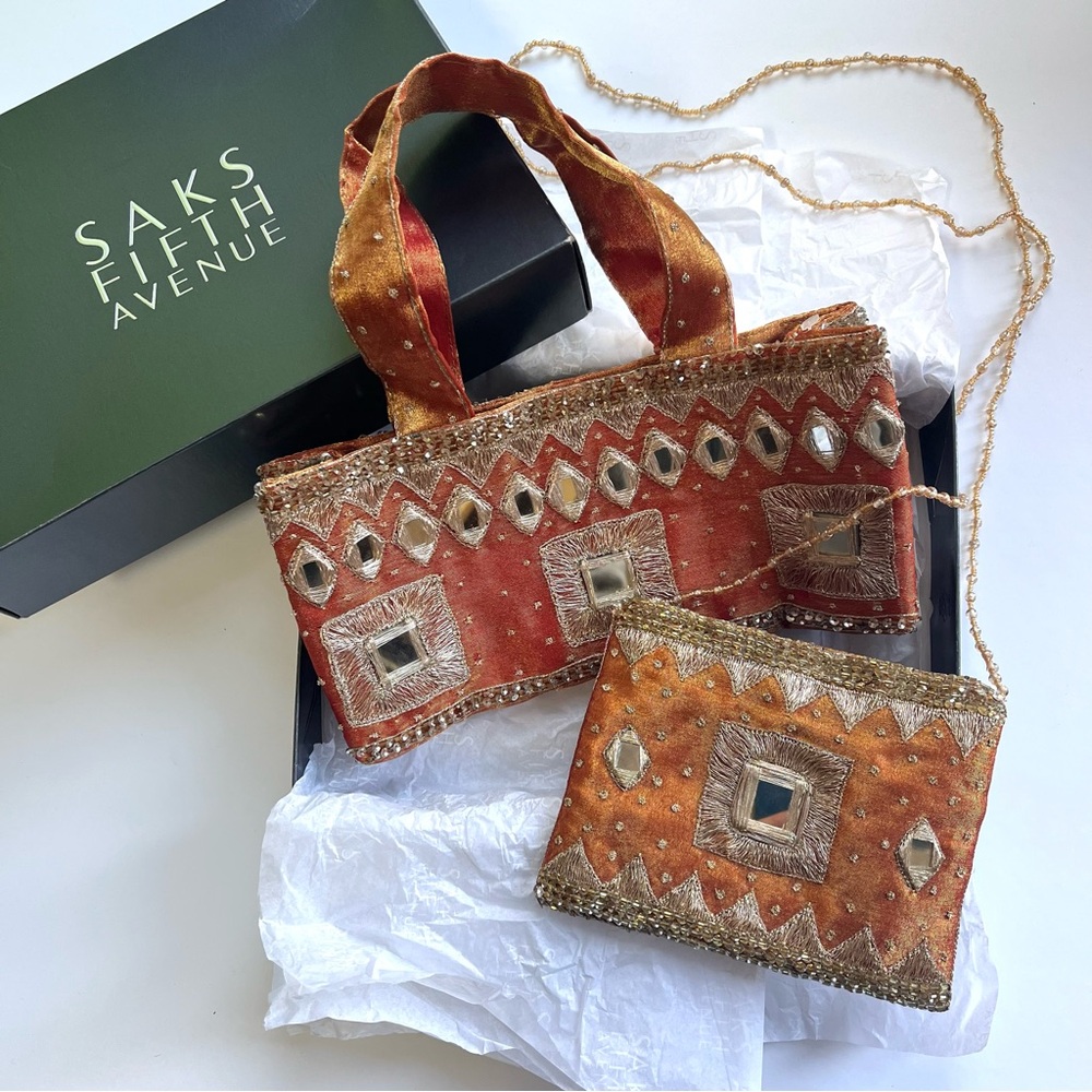 Moyna Orange and Gold Women's Bag Set New from Saks Fifth Avenue India Inspired